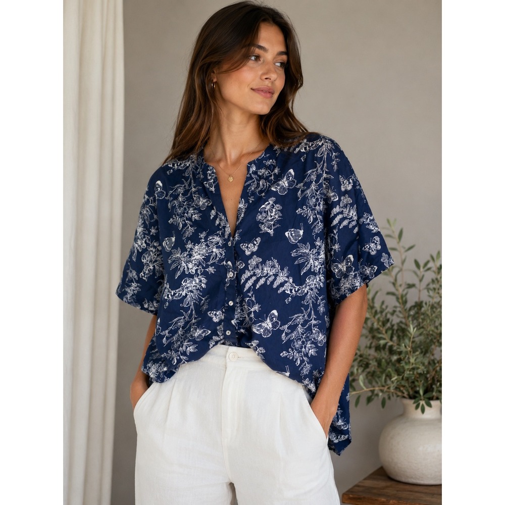 Talbots Petite Large Navy Blue White Butterfly Floral Cotton Boxy Button Up Top